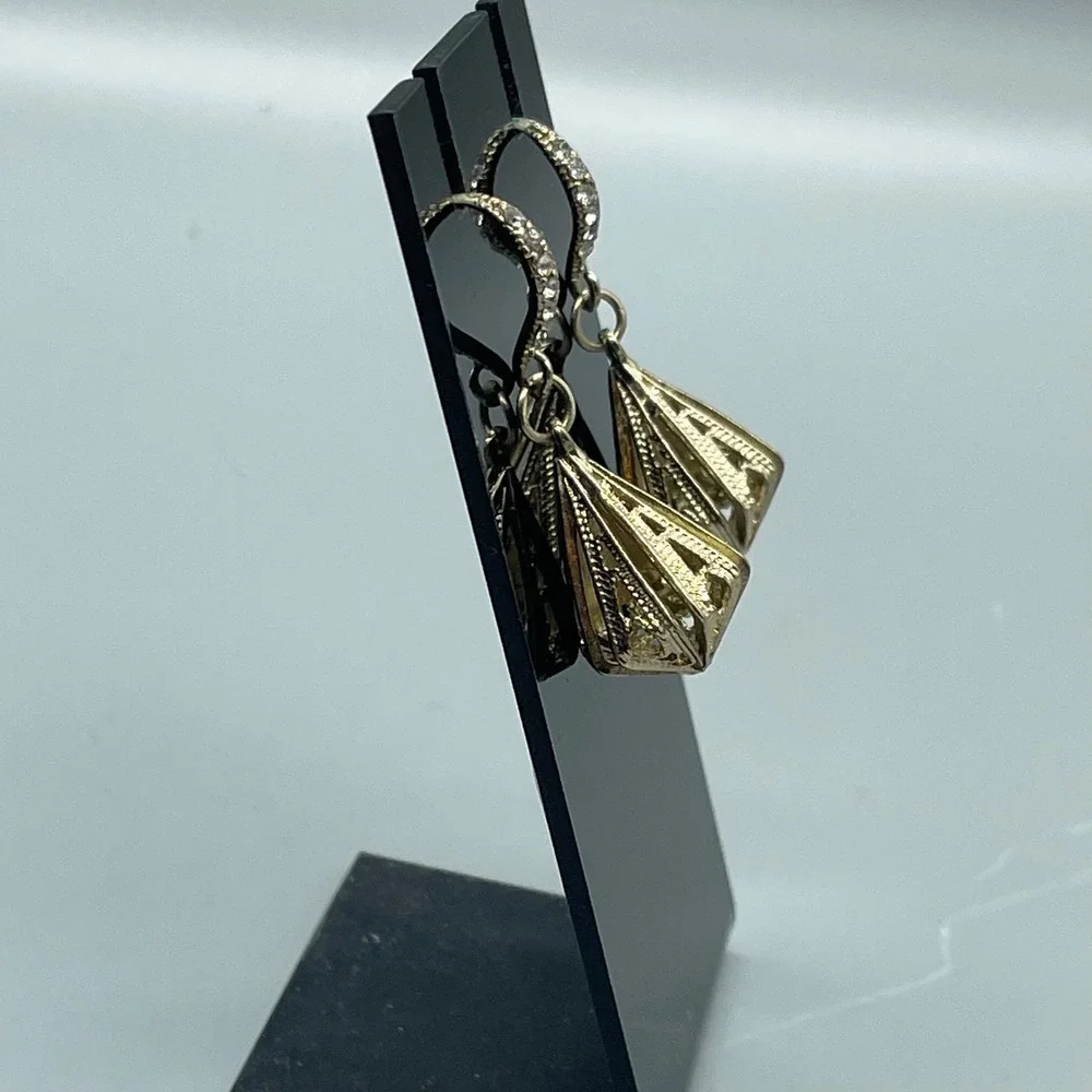 Gold Tone Geometric Cage Drop Earrings Crystal Accent‎ Shepherd Hook Dangle